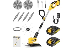 CQWLKEJ Cordless Strimmer Electric Garden Strimmers with Blades Grass Trimmers with Batteries & Fast Charger for Garden Clearing Weeds Flower Trees (Brush Motor-Yellow）