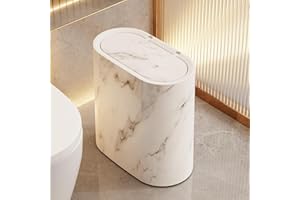 POPUPWAVE Pattumiera da bagno con coperchi, in plastica, motivo marmo, legno, piccolo cestino della spazzatura con coperchio, per bagno, cestino stretto e moderno, per casa, interni, hotel (bianco)