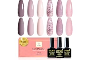 YSUVIN Esmalte Semipermanente, 6 Colores Rosa Marrón Lechoso Glitter Blanco Kit Uñas Semipermanentes, Pintauñas Semipermanentes Soak Off UV/LED Gel Uñas Diy Manicura Nail Art Set, 8ml
