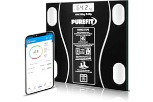 PUREFIT Smart Body Fat Scales - App Controlled Digital Bathroom Scales for Body Weight W/BMI Muscle Mass 13 Key Body Composition Metrics - Battery Included High Precision 180KG Max Weighing Scale