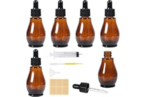 Nadisean 6 Pezzi 30ml Boccette Vetro Contagocce, a Forma di pera Ambrato Bottiglie Contagocce, Flaconi Contagocce in Vetro con Pipetta imbuti Contagocce Siringa per Oli Essenziali, Profumo, Liquidi