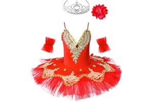 IEFIEL Vestido de Bailarina Ballet Cisne para Niña con Lentejuelas Rendimiento Maillot con Falda Tutú y Corona y Clips Floral Traje de Gimnasia Rítmica Patinaje 4-16 Años
