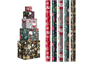 H HANSEL HOME Pack 5 Rollos Papel de Regalo 70x200cm – Diseño Navideño con Santa, Estrellas y Regalos – Papel Grande y Resistente para Envolver Regalos de Cumpleaños, Navidad y Fiestas