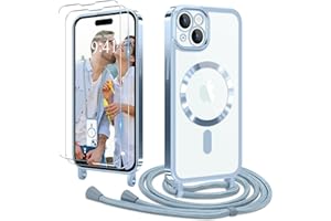 Ethanger Handykette für iPhone 15 Hülle mit Band + 2 Stück Panzerglas Schutzfolie Transparent Silikon Handyhülle Magnetische Schutzhülle zum Umhängen Kordel für iPhone 15 Blau