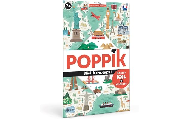 POPPIK 1841167 Sticker Poster, Voyage du Monde, Poster d'apprentissage interactif avec Autocollants, Carte du Monde multilingue pour Enfants à partir de 7 Ans (68 x 100 cm)