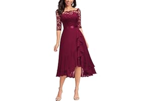 MIUSOL Women's Elegant Lace Chiffon 2/3 Sleeve Off-Shoulder Cocktail Ball Bridesmaid Patry Swing Midi Dress