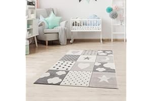 JIMRI Fashion4Home Alfombra Infantil para la habitación de los niños, diseño de Patchwork con Corazones, Estrellas, Nubes, Color: Azul, Gris y Rosa
