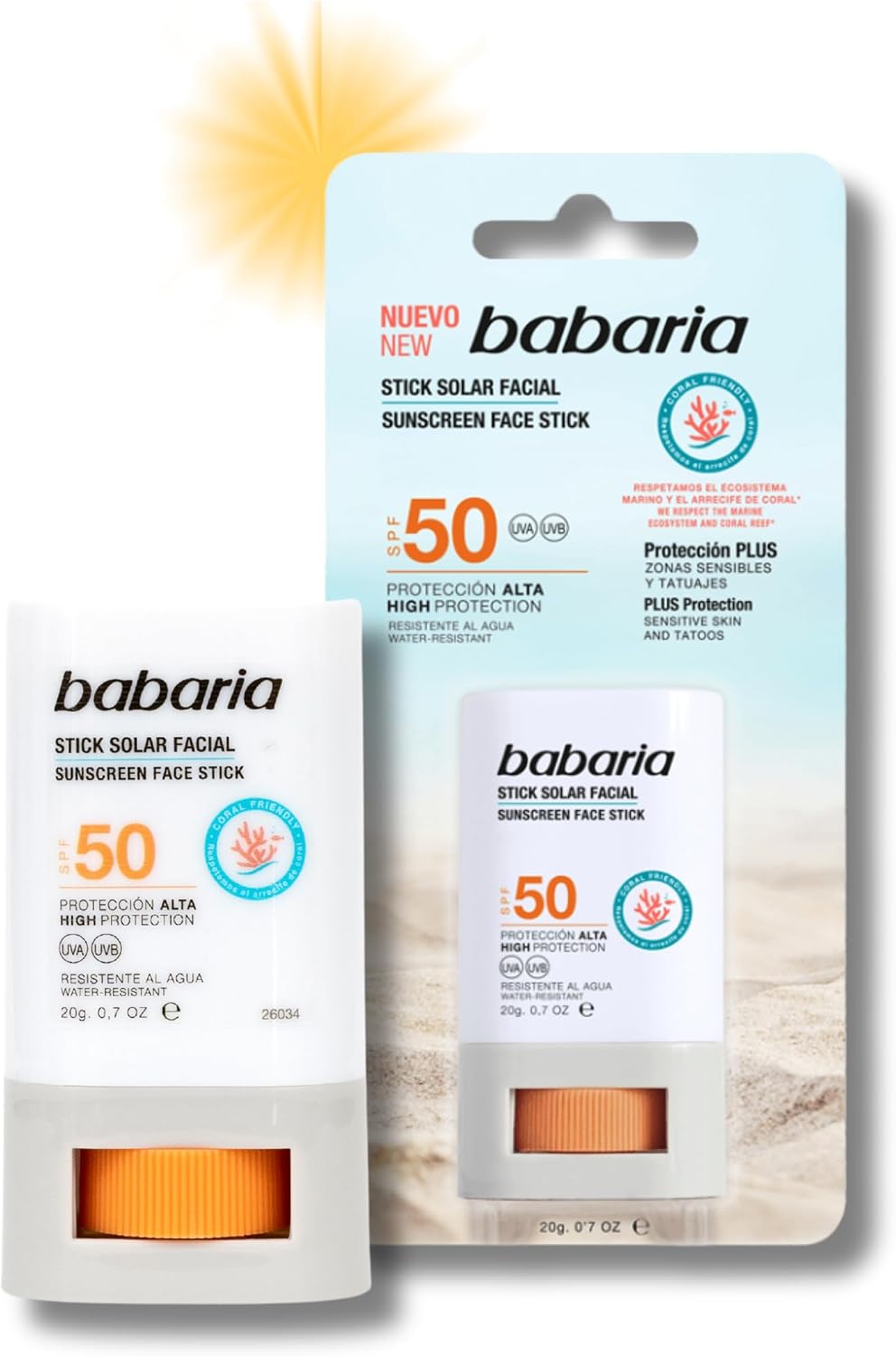 Babaria - Stick Solar Facial 50 |Protección Alta Con Aloe Y Manteca De Karité |Coral Friendly Y Biodegradable | Resistente Al Agua Y Al Sudor | Vegano | Stick Solar Niños,20g, El embalaje puede variar