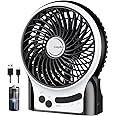 EasyAcc Battery Fan, Portable Rechargeable Desk Fan Strong Airflow Silent Personal Mini USB fan 3 Speeds with Flashlight & Blue Light Table Cooling Fan for Office Traveling Fishing Camping - Black