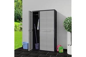Gecheer Armario de Jardín con 3 Puertas y 4 Estantes Ajustables Armario de Almacenaje Armario Alto de Exterior para Terraza Patio Negro y Gris