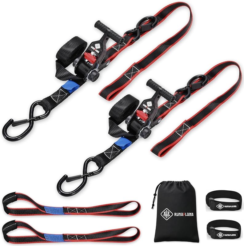 RUNAFLAMA - Cinghie a Cricchetto Trasporto Moto con Ganci a S e Asola, Cinghie di Fissaggio per Rimorchi, Trasporto su Rimorchio, Moto Cross Enduro, 800kg per cinghia, 2 x 1,9m + 2 Asole di Ancoraggio