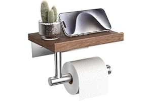 Tindbea Toilet Paper Holder with Wood Shelf, Wooden Wall Mount Tissue Paper Roll Holder, Matte Black Stainless Steel Bathroom Accessories Decor (Walnut, SUS304 Stainless Steel, Brushed Nickel)