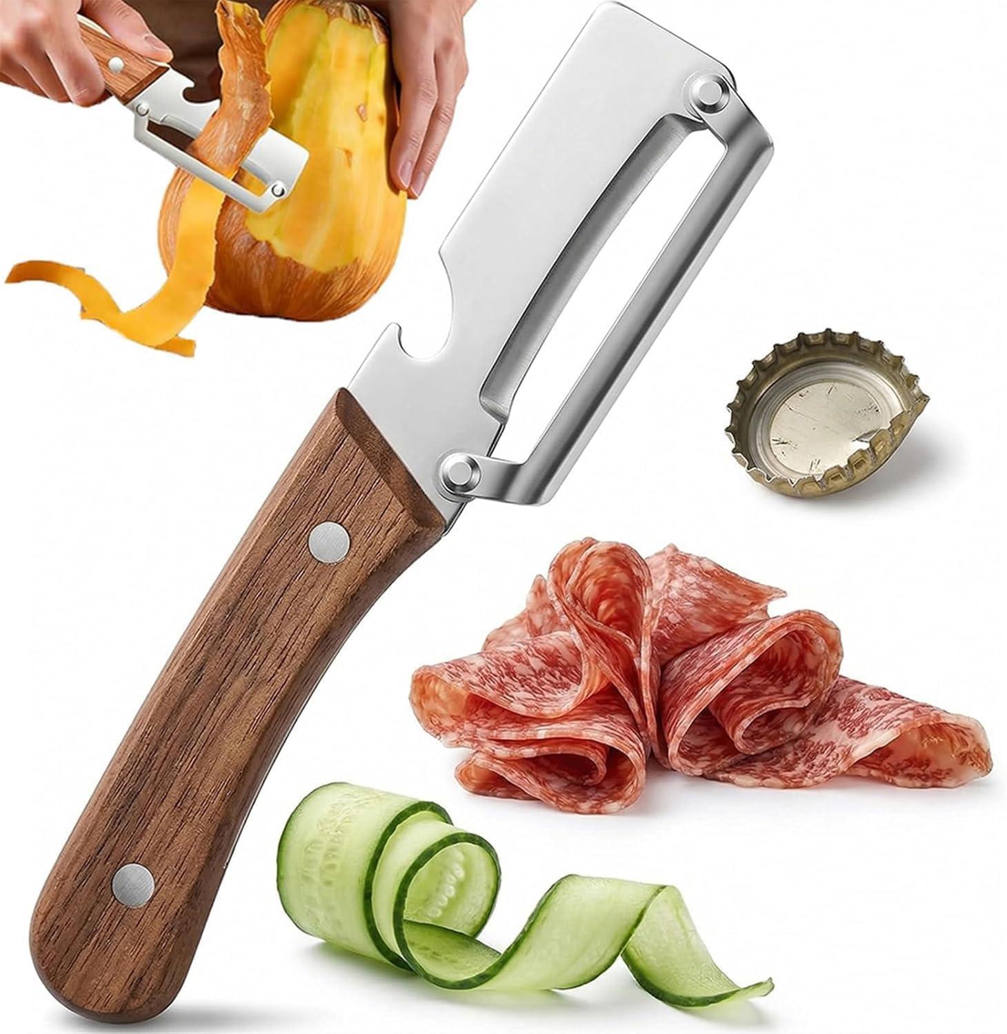 Pelador de verduras multifunción 2 en 1 para cocina con hoja de acero inoxidable ultraafilada y mango de madera ergonómico: pelar patatas, zanahorias y abrir botellas de vino sin esfuerzo (1pc)