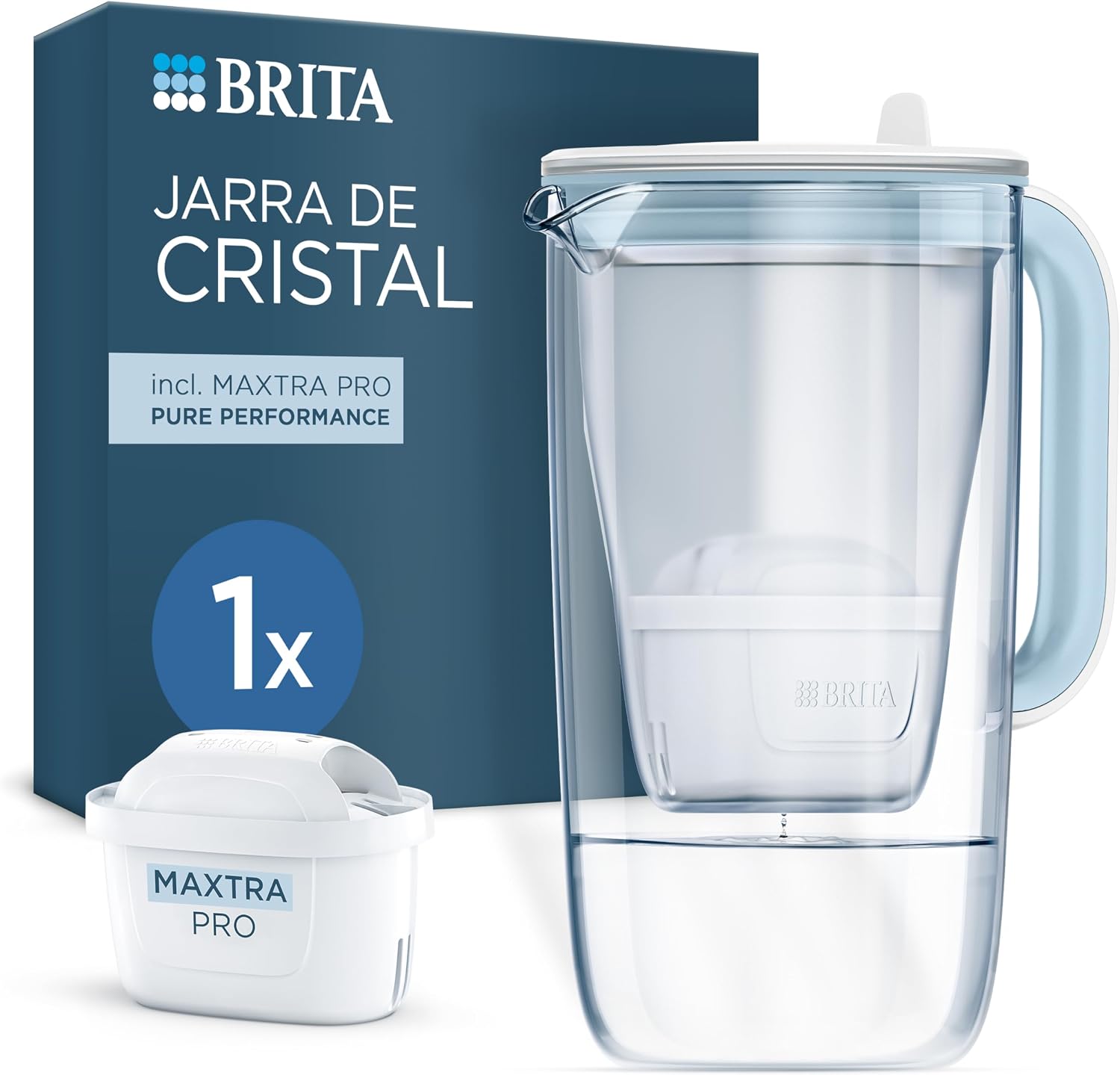 BRITA Jarra de cristal azul (2,5L) incl. 1x filtro MAXTRA PRO All-in-1 Jarra de cristal de diseño premium con tapa abatible de fácil llenado e indicador, que reduce la cal, el cloro y las impurezas