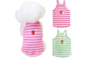 Yaopelky 2 vestiti estivi per cani di taglia piccola e media, camicia a righe con grazioso fiore e fragola, gilet per animali domestici, per chihuahua, Yorkie, orsacchiotto (rosa-verde, L)