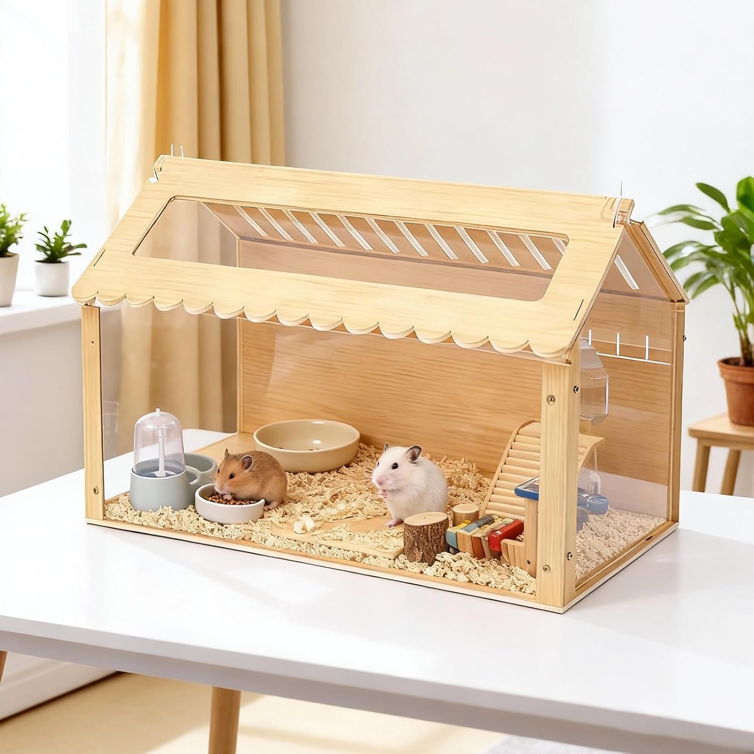 YUZINO Jaula de madera para hámsteres, 60 x 32 x 38 cm, con orificios de ventilación, jaula transparente para animales pequeños con ventana de acrílico y tapa abatible para hámsteres enanos, gerbillos