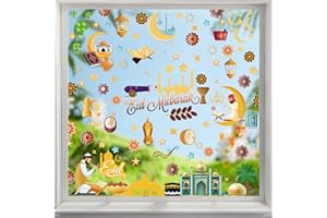 KIKISML Eid Mubarak Window Clings, 9 Sheets Window Decoration Clings for Window Glass Decoration Eid Mubarak Party Baby Shower Birthday Supplies