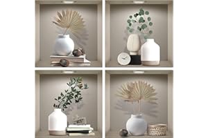 TOARTI 4 Stück 3D Vase Wandaufkleber,Vasen Wandtattoo für Wohnzimmer,Grüne Pflanzen Wandsticker,Vinyl Abnehmbare Weiße Flasche und Grünes Blatt Wandbilder für Schlafzimmer Büro Küche Wanddeko,30×30CM