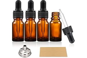 AOZITA 4 botellas de vidrio marrón ámbar de 10 ml con pipetas cuentagotas, vienen con 1 embudo de acero inoxidable y 4 etiquetas, botellas cuentagotas para aceites esenciales, mezclas de aromaterapia,