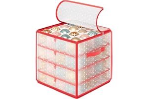 SONGMICS Plastic Christmas Ornament Storage Box, Christmas Ball Organiser, 7.6 cm 64 Compartments, Removable Dividers, Cherry Red RFB029T03