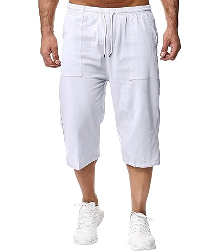 DSJJ Uomo Estate Casual Shorts Harem Pantaloni Capri Larghi Cotone Lino Vita Elastica Coulisse Cargo Pantaloncini 3/4 Shorts (Verde,L (Label XL