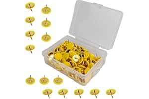 FOHOLA 100 Pcs Drawing Pins, Thumb Tacks, Metal Flat Push Pins, Round Head Drawing Pins with Storage Box for Map, Photo Wall, Office, Corkboards (Yellow, 100)