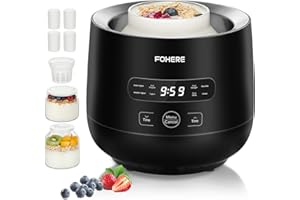 FOHERE Yogurtiera Elettrica con 2 XXL Vasetti da 2000 ml e 1400 ml, 4 * 125 ml Contenitori con Coperchio, 8 Programmi Preimpostati, Accessori per Yogurt Greco, Timer Digitale, 100% BPA Free