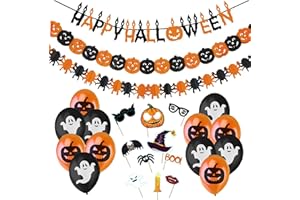 Jonami Deco Halloween Decoration Halloween - Happy Halloween Banderole Banniere, Guirlandes Citrouilles et Araignees, Photomaton Photoboot Props, Ballons Noir Orange avec Fantomes