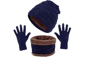 TAGVO Winter Unisex Beanie Hat Scarf & Touch Screen Gloves Set 3 in 1, Thick Soft Fleece Inner Great Warm, Stretchy Knitted Skiing Beanie Skull Cap, Neck Warmer, Touch Gloves For Outdoors Sports