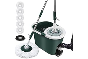 OZD Serpillière Seau Essoreur, Balai Serpillère et Sceau Menage Essoreur a Pedale, Rotatif à 360°, Mop Serpillere avec Poignée en INOX pour Nettoyer Sol - 5 Recharge Tampon en Microfibre - Vert