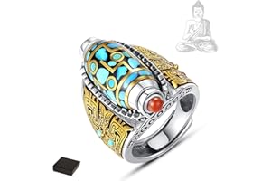 ELDEMA Bague de perles Dzi à neuf yeux turquoise à six caractères mantra, anneau rotatif réglable de perles Dzi tibétaines à neuf yeux, bague bouddhiste Feng Shui, bague d'amulette de méditation