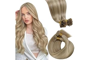 LaaVoo Extension Cheratina Capelli Veri Extension Capelli Veri Cheratina Remy Lisci Biondo Chiaro con Riflessi Biondi Dorati 45 cm 50g 50 ciocche #16/22