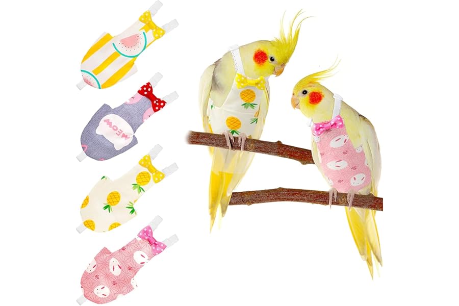 Namvo 4 Pieces Bird Diapers, Flight Suite Liners, Washable Reusable Protective Parrot Nappy Clothes with Waterproof Inner Layer Cute Urine Wet Suit for Parrot Macaw Budgies Parakeet M Size