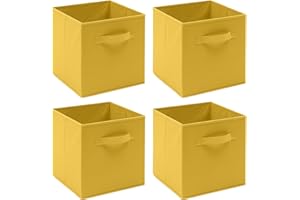 REDD ROYAL 4 PCS Folding Storage Boxes with Handle, Foldable Canvas Organiser Cube Basket Bin Storage Unit for Nursery Wardrobe Kids Room (4 PCS Yellow)