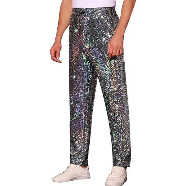 Pantaloni a zampa da uomo con glitter anni '70 anni '80 brillanti, stile vintage, con paillette, stile retrò, da discoteca, hippie per il tempo libero, O nero., M