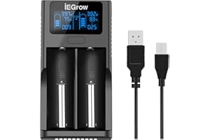 iEGrow 18650 Batterieladegerät, LCD-Akku-Ladegerät mit USB-Anschluss für 18650, 26650, 18500, 18350, 17670, 17500, 16340, 14500, 10440 3,7 V Li-Ion Akku, 2 Steckplätze