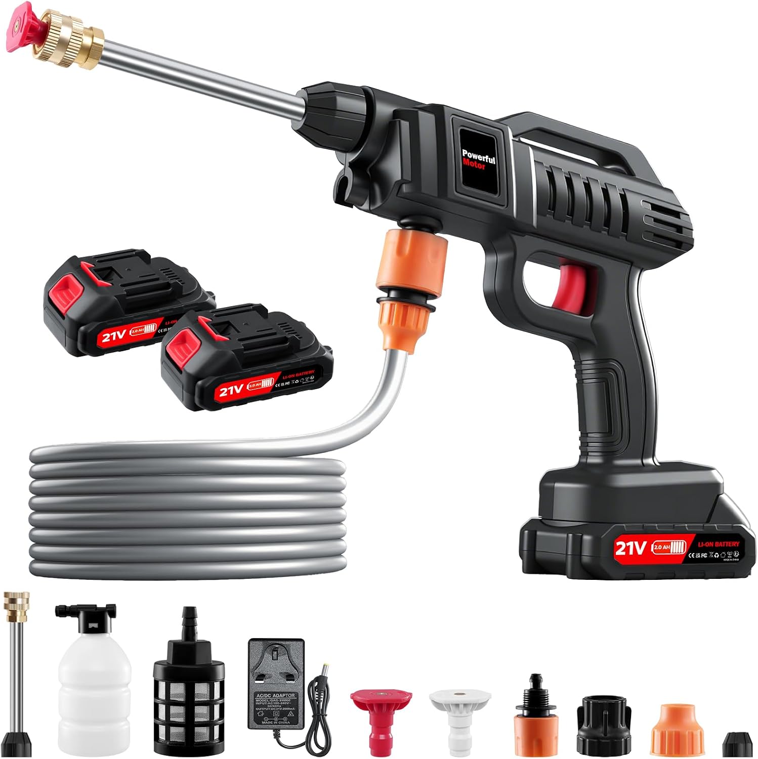 Cordless Pressure Washer 21V - Portable Power Washer with 2 Batteries,5M Hose,Foam Lance,2 Rotating Nozzles,Handheld Battery Jet Wash for Car,Motorbike,Windows Cleaning & Garden Watering