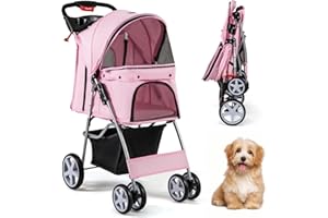 SOARS Hundebuggy, Hundewagen bis 15kg klappbar, Katzenwagen mit Netzfenstern & Getränkehalter & Aufbewahrungskorb, Haustier-Kinderwagen für kleine Haustiere (Rosa)
