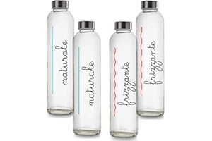 BrandPrint Set di 4 Bottiglie in Vetro Modello Eos da 750 ml, serigrafate, con Tappo a Vite in Acciaio Inox. Per Bevande e Succhi (2 Naturali e 2 Frizzanti)