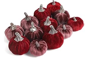 DuHouse 12-teiliges Samt-Kürbis-Set – Mini-Kürbisse für Halloween, Thanksgiving, Erntefest, Tischdekoration (Burgunderrot + Lila)