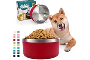 IKITCHEN Dog Bowl for Food and Water, 64 Oz Stainless Steel Pet Feeding Bowl, Durable Non-Skid Double Wall Insulated Heavy Duty with Rubber Bottom for Medium Large Sized Dogs (64 Ounces/8 Cup, Red)