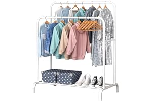 ACCSTORE Clothes Rack Metal Garment Rack Freestanding Hanger Double Pole Bedroom Clothing Rack With Lower Storage Shelf for Boxes Shoes,White