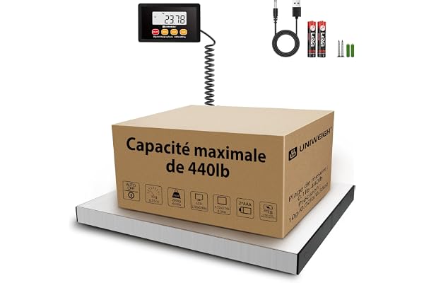 UNIWEIGH Balance Colis Postale Numérique 440lb x 10g,Plateaux en acier Inoxydable,Pese Colis avec affichage Hold/Tare/LCD,Balance d'affranchissement pour Colis/Entrepôt/Bagages,Batterie et USB inclus