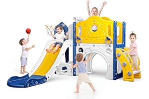 Naxudcoo Kids Slide: Large Toddler Slide With Basketball Hoop, Blue Slides For Toddlers Age 1-3 Toddler Climber Slides Playset With Storage Space, Indoor Outdoor Toy For Toddlers 1-3 Year (Large)