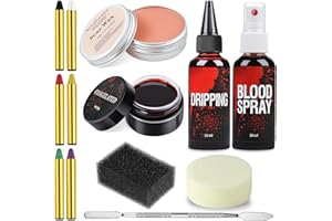 PTESUPLY Halloween Makeup Kit, Scar Wax SFX Makeup Kit Fake Blood Set, Kit Includes Scar Wax, 6 Colors Bruise Face Body Paint Crayon, Fake Blood Spray+Dripping+Coagulated Gel, Spatula Sponges Tool (Set A)
