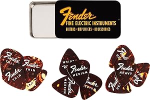 Fender Fine Electric Pick Tin, 12 Plettri in Celluloide Forma 351, Mix di 3 Spessori, Scatola da Collezione, Design Tartarugato, Plettri per Chitarra Elettrica e Acustica