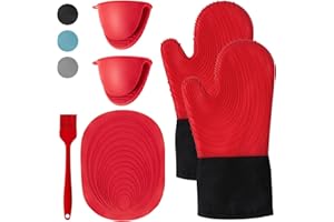 WUFANC Manoplas Horno, Guantes Horno Cocina Pueden Soportar Temperaturas De hasta 250 ℃, Guantes Barbacoa De Silicona No Son Rígidos (Rojo, L)