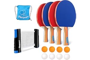 FBSPORT Set da Ping Pong da Tavolo con 4 Racchette, Retrattile Rete, 8 Palline e 1 Borsa per il Trasporto, per Bambini all'aperto e Adulti