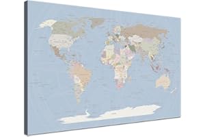 LANA KK Weltkarte-Pinnwand als Leinwandbild, pinne Deine Reisen und Erinnerungen – World Map Ice Blue - Deutsch - Landkarten-Wandbild in hellblau, 80 x 60 cm