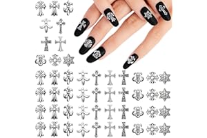 AJUHNICYN 60 pcs Croix Charmes Ongles 3D Coeur Étoile Gemmes Style Mixte Sliver Nail Charms Métal Punk Vintage Nail Art Fournitures pour la décoration des ongles acryliques… (1#)